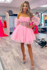 Misshow Pink Corset Detachable Sleeves A-Line Tulle Homecoming Dress/Mini Dress