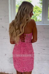 Misshow Pink Corset Lace Sweetheart Asymmetrical Tight Short Homecoming Dress/Mini Dress