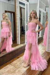 Misshow Pink Corset Strapless A-Line High Low Short Homecoming Dress/Mini Dress with Ruffles
