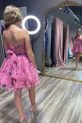 Misshow Pink Corset Sweetheart Floral A-Line Short Homecoming Dress/Mini Dress with Ruffles