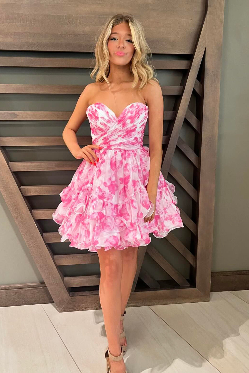 Misshow Pink Floral A Line Tiered Short Homecoming Dress/Mini Dress