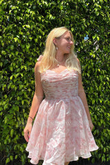 Misshow Pink Floral Print A-Line Short Homecoming Dress/Mini Dress