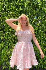 Misshow Pink Floral Print A-Line Short Homecoming Dress/Mini Dress