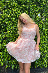 Misshow Pink Floral Print A-Line Short Homecoming Dress/Mini Dress