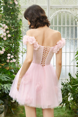 Misshow Pink Off the Shoulder Corset Homecoming Dress/Mini Dress With Flowers