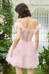 Misshow Pink Off the Shoulder Corset Homecoming Dress/Mini Dress With Flowers