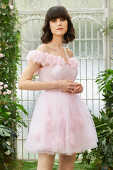Misshow Pink Off the Shoulder Corset Homecoming Dress/Mini Dress With Flowers