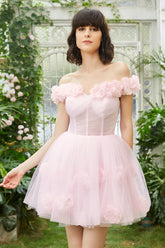 Misshow Pink Off the Shoulder Corset Homecoming Dress/Mini Dress With Flowers
