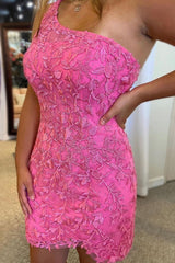 Misshow Pink One Shoulder Lace Tight Short Homecoming Dress/Mini Dress with Beading