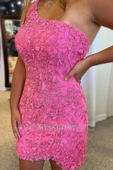 Misshow Pink One Shoulder Lace Tight Short Homecoming Dress/Mini Dress with Beading