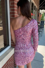 Misshow Pink One Shoulder One Sleeve Sequins Tight Short Homecoming Dress/Mini Dress
