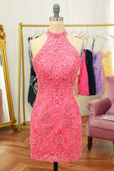 Misshow Pink Open Back Halter Lace Tight Homecoming Dress/Mini Dress