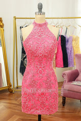 Misshow Pink Open Back Halter Lace Tight Homecoming Dress/Mini Dress