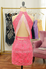 Misshow Pink Open Back Halter Lace Tight Homecoming Dress/Mini Dress