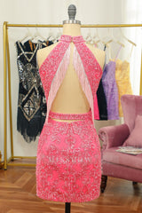 Misshow Pink Open Back Halter Lace Tight Short Homecoming Dress/Mini Dress