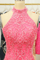 Misshow Pink Open Back Halter Lace Tight Short Homecoming Dress/Mini Dress
