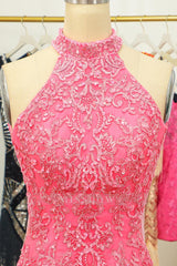 Misshow Pink Open Back Halter Lace Tight Short Homecoming Dress/Mini Dress