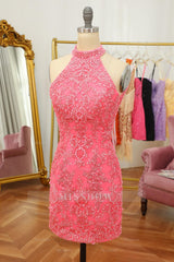 Misshow Pink Open Back Halter Lace Tight Short Homecoming Dress/Mini Dress