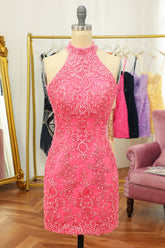 Misshow Pink Open Back Halter Lace Tight Short Homecoming Dress/Mini Dress