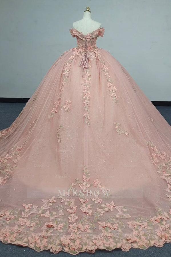Misshow Pink Quinceanera Ball Gown Off-Shoulder 3D Butterflies Applique Tulle Dress for Sweet 16 & Evening Galas