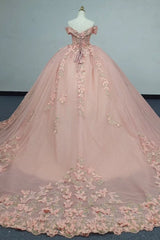 Misshow Pink Quinceanera Ball Gown Off-Shoulder 3D Butterflies Applique Tulle Dress for Sweet 16 & Evening Galas