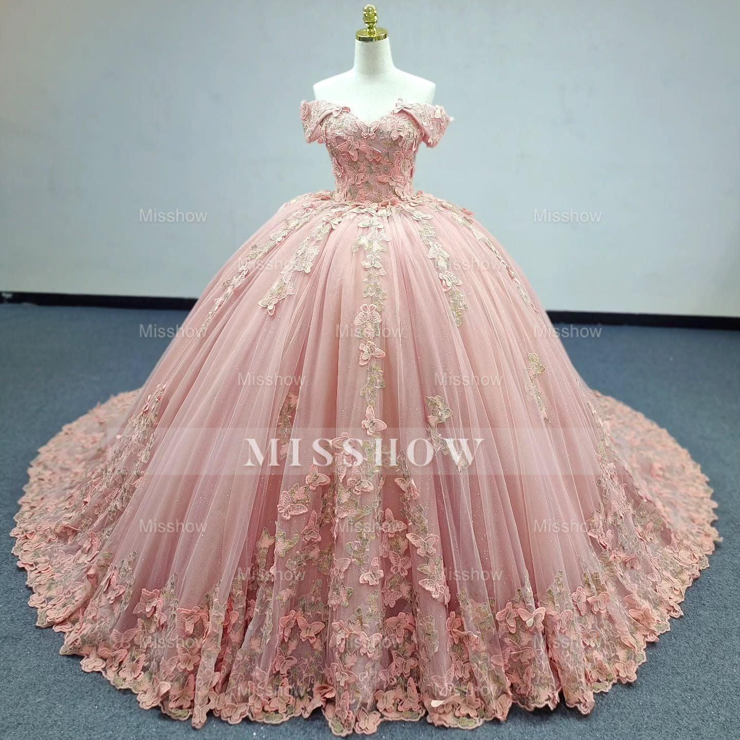 Misshow Pink Quinceanera Ball Gown Off-Shoulder 3D Butterflies Applique Tulle Dress for Sweet 16 & Evening Galas