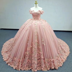 Misshow Pink Quinceanera Ball Gown Off-Shoulder 3D Butterflies Applique Tulle Dress for Sweet 16 & Evening Galas