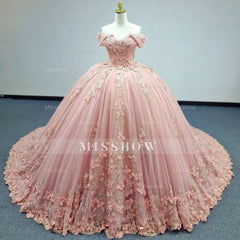 Misshow Pink Quinceanera Ball Gown Off-Shoulder 3D Butterflies Applique Tulle Dress for Sweet 16 & Evening Galas