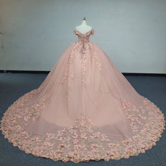 Misshow Pink Quinceanera Ball Gown Off-Shoulder 3D Butterflies Applique Tulle Dress for Sweet 16 & Evening Galas