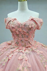 Misshow Pink Quinceanera Ball Gown Off-Shoulder 3D Butterflies Applique Tulle Dress for Sweet 16 & Evening Galas