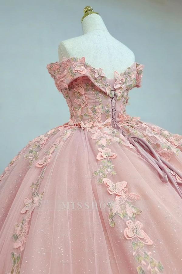 Misshow Pink Quinceanera Ball Gown Off-Shoulder 3D Butterflies Applique Tulle Dress for Sweet 16 & Evening Galas
