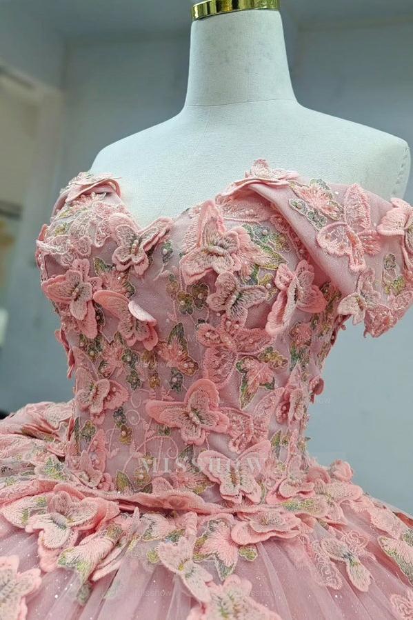 Misshow Pink Quinceanera Ball Gown Off-Shoulder 3D Butterflies Applique Tulle Dress for Sweet 16 & Evening Galas