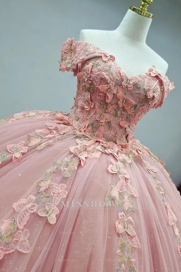 Misshow Pink Quinceanera Ball Gown Off-Shoulder 3D Butterflies Applique Tulle Dress for Sweet 16 & Evening Galas