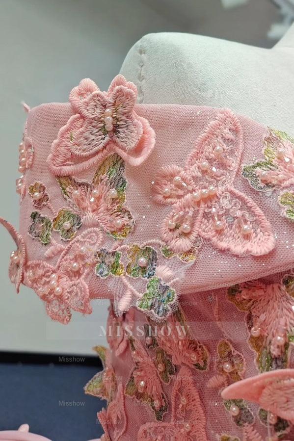 Misshow Pink Quinceanera Ball Gown Off-Shoulder 3D Butterflies Applique Tulle Dress for Sweet 16 & Evening Galas