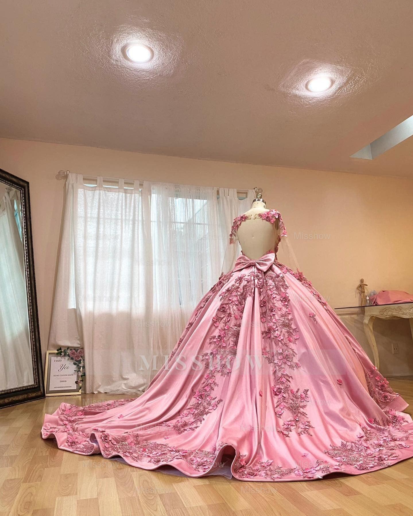 Misshow Pink Satin Quinceanera Dress Floral Lace Appliques Beaded Backless Design & Sweep Train for Sweet 16