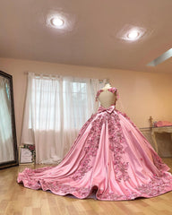 Misshow Pink Satin Quinceanera Dress Floral Lace Appliques Beaded Backless Design & Sweep Train for Sweet 16