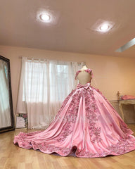 Misshow Pink Satin Quinceanera Dress Floral Lace Appliques Beaded Backless Design & Sweep Train for Sweet 16