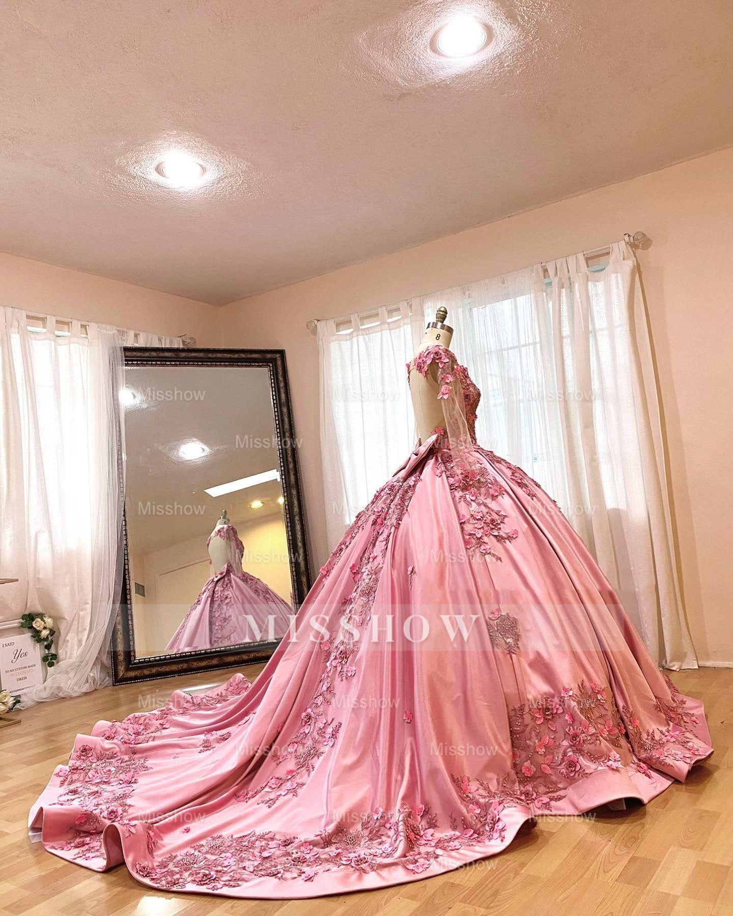 Misshow Pink Satin Quinceanera Dress Floral Lace Appliques Beaded Backless Design & Sweep Train for Sweet 16