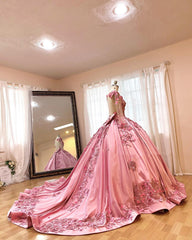 Misshow Pink Satin Quinceanera Dress Floral Lace Appliques Beaded Backless Design & Sweep Train for Sweet 16