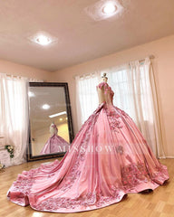 Misshow Pink Satin Quinceanera Dress Floral Lace Appliques Beaded Backless Design & Sweep Train for Sweet 16