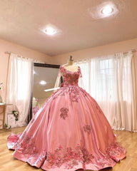 Misshow Pink Satin Quinceanera Dress Floral Lace Appliques Beaded Backless Design & Sweep Train for Sweet 16