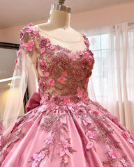 Misshow Pink Satin Quinceanera Dress Floral Lace Appliques Beaded Backless Design & Sweep Train for Sweet 16