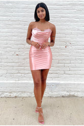 Misshow Pink Satin Sweetheart Tight Short Homecoming Dress/Mini Dress With Lace