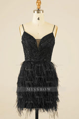 Misshow Pink Sequins Tight Homecoming Dress/Mini Dress with Feathers