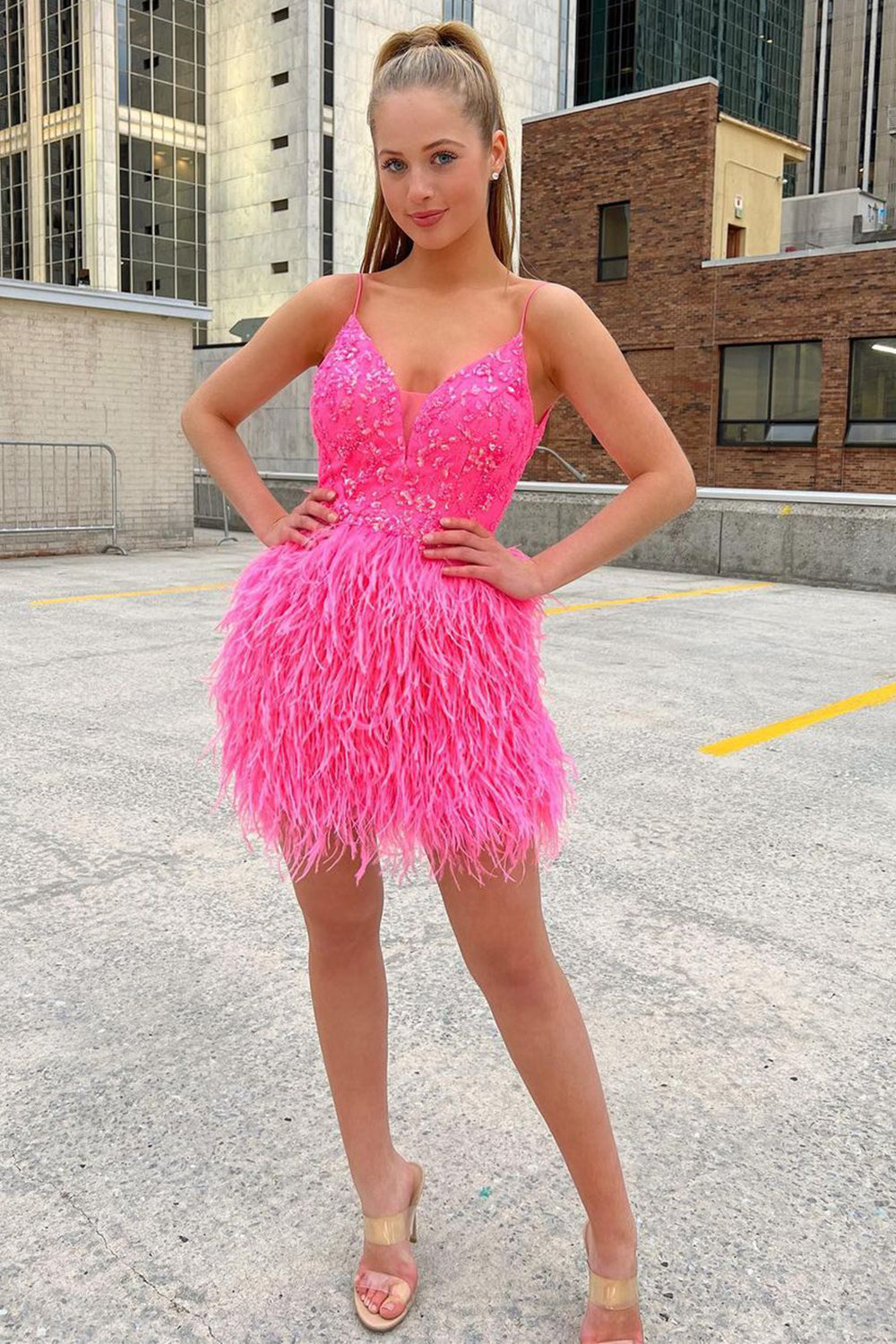 Misshow Pink Sequins Tight Homecoming Dress/Mini Dress with Feathers