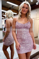 Misshow Pink Spaghetti Straps Sequins Tight Hoco Dress
