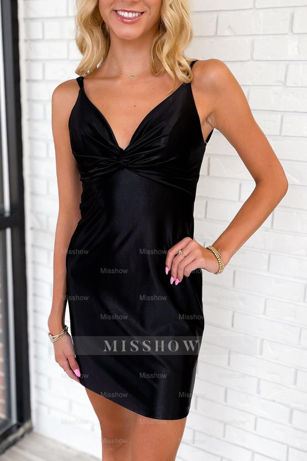 Misshow Pink Spaghetti Straps Tight Ruched Satin Short Homecoming Dress/Mini Dress
