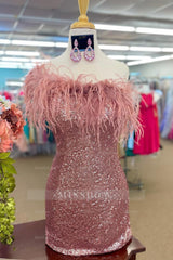 Misshow Pink Sparkly Tight Sequins Homecoming Dress/Mini Dress with Feathers