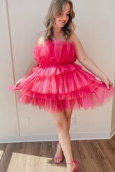Misshow Pink Strapless A-Line Tiered Tulle Short Homecoming Dress/Mini Dress