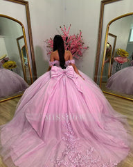 Misshow Pink Tulle Ball Gown Off-Shoulder Sweetheart Neckline with Lace Appliques & Bow Detail for Quinceanera Sweet 16 and Evening Parties
